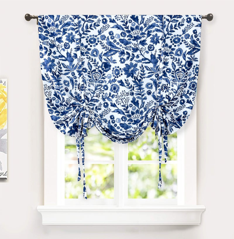 DriftAway Julia Watercolor Blooming Flower Floral Tie Up Curtain Thermal Insulated Blackout Window Adjustable Balloon Curtain Shade for Small Window Rod Pocket Single 45 Inch by 63 Inch Navy - Image 1